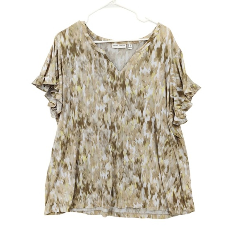 Susan Graver Women Earthy Cottage Artistic Liquid Knit Flutter Sleeve Top 2X Tan